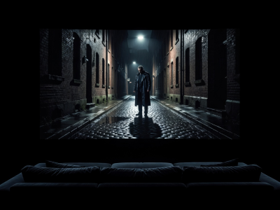 A high-contrast cinematic visual shown on a large home theater screen in a darkened room
