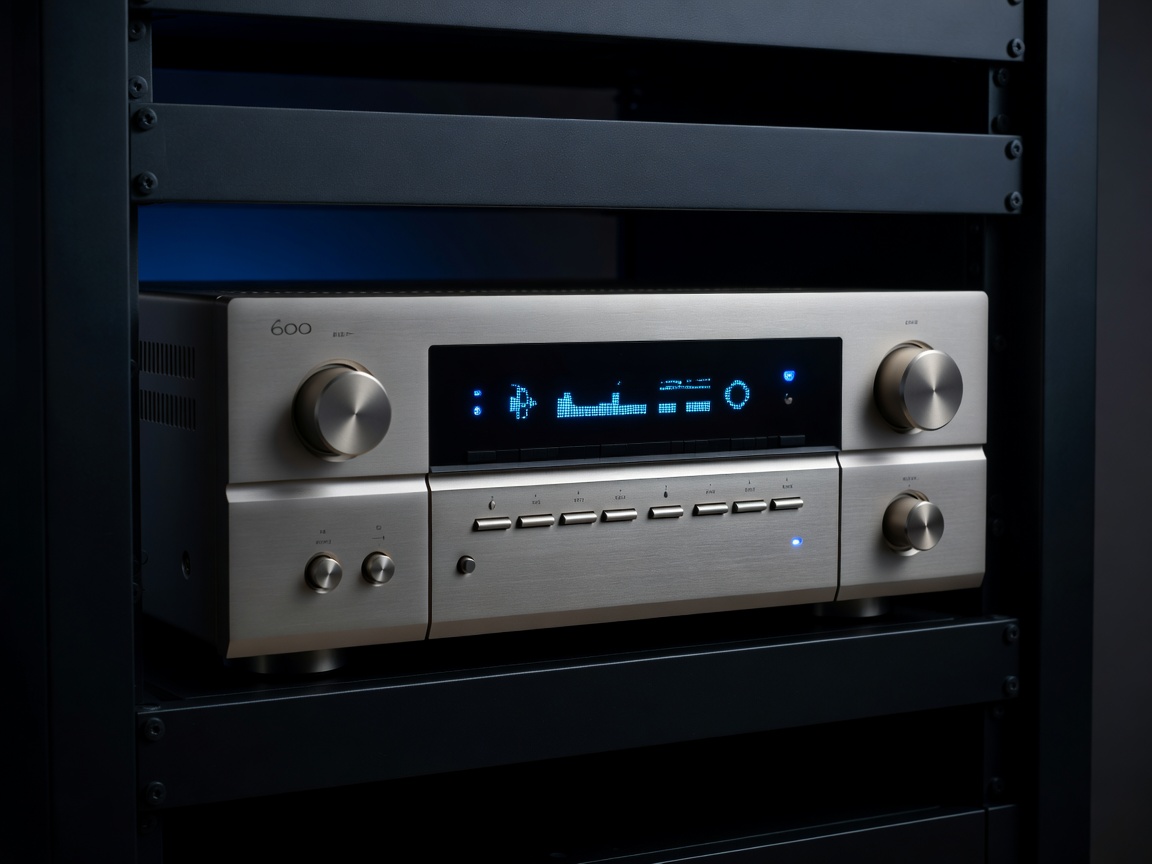 A high-end AV Receiver showing glowing digital displays in a dark rack