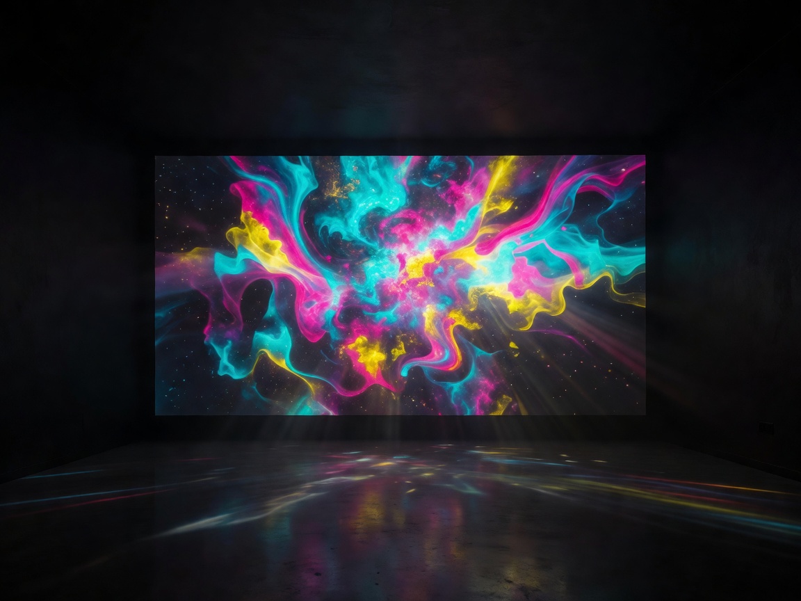A massive projector screen displaying vibrant colors in a dedicated dark room