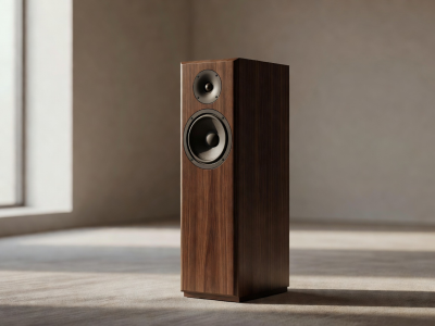 A perfectly angled floorstanding speaker in a softly lit room