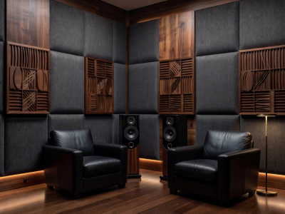 Beautiful wooden diffusers and fabric acoustic panels mounted in a high end listening room