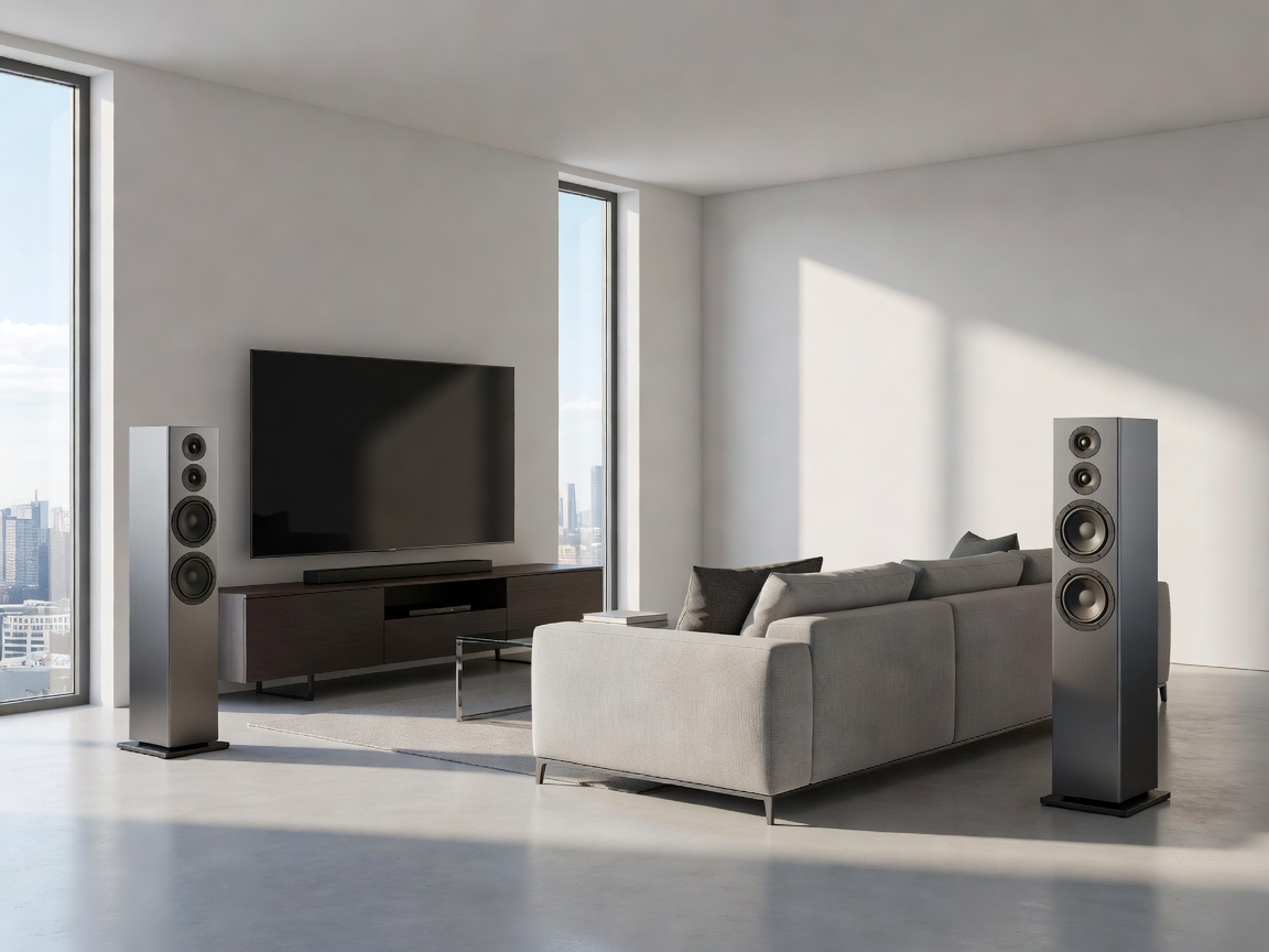 Sleek floorstanding surround speakers positioned symmetrically in a living space